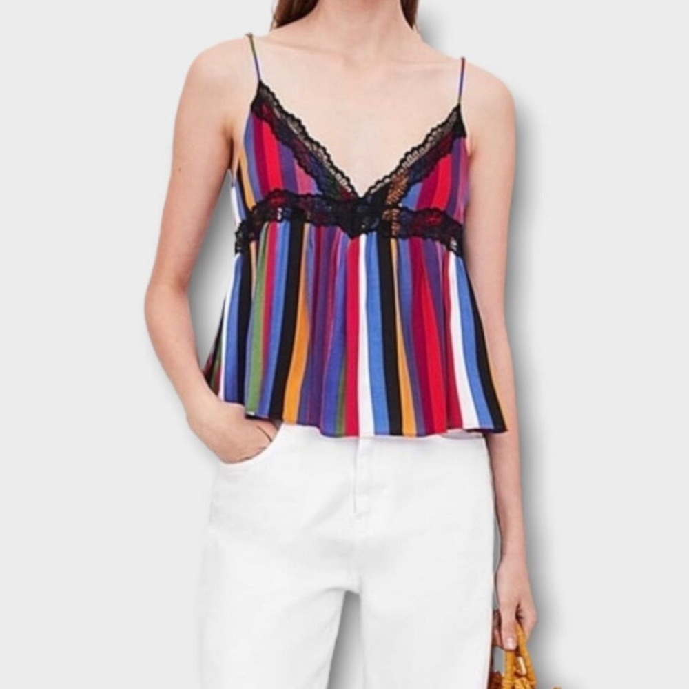Zara Multicolor Striped Camisole with Lace Trim